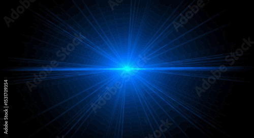 Abstract blue light rays emanating from a central point on black backdrop