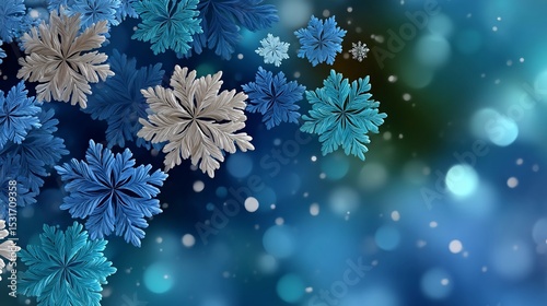 Whimsical winter snowflakes dancing in blue light
