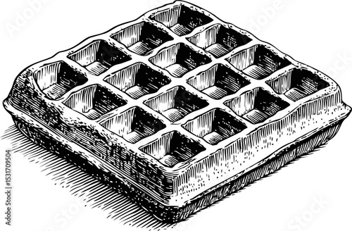 Detailed black and white sketch of a single waffle with square patterns. Vector illustration