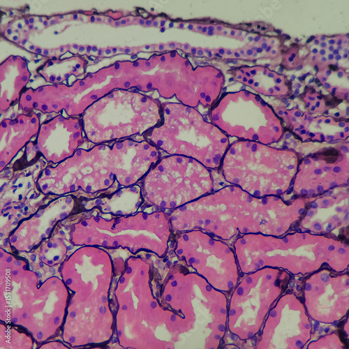 Camera photo of acute tubular injury, showing cytoplasmic vacuolization, Silver stain, magnification 400x, photograph through a microscope