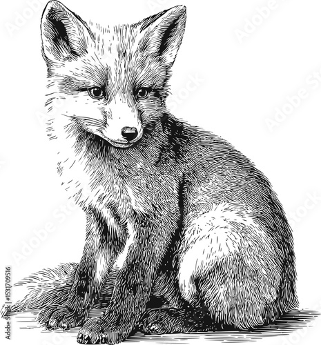 Black and white sketch of a sitting fox with detailed fur texture. Vector illustration