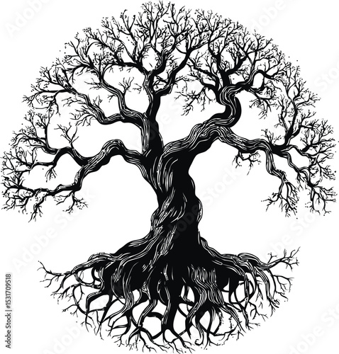 Silhouette of an ancient tree with bare branches and roots drawing. Vector illustration in sketch style