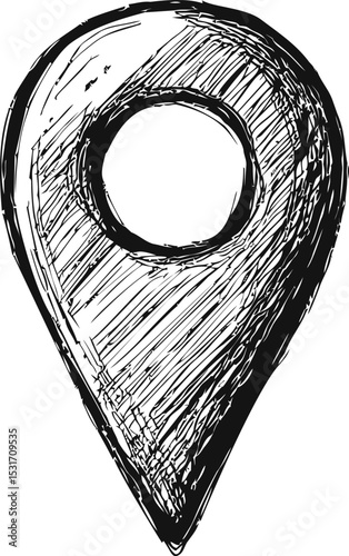 Black and white sketched location pin with detailed line art design. Vector illustration