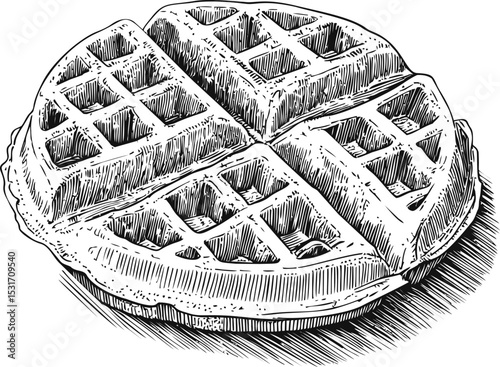 Detailed line drawing of a four-section waffle on a plate, vintage style. Vector illustration