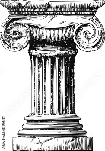 Detailed illustration of an ionic column with intricate scroll design. Vector illustration in sketch style