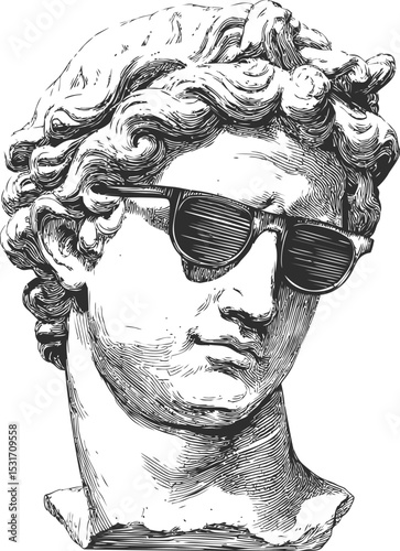 Sculpture of classic bust wearing sunglasses black and white sketch style. Vector illustration