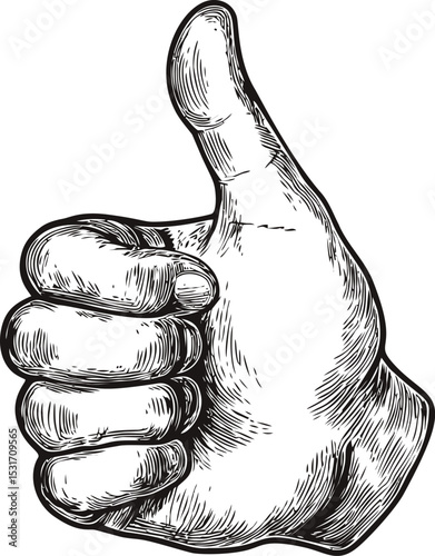 Black and white sketch of a hand giving a thumbs up gesture. Vector illustration