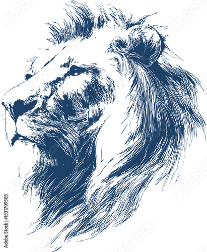 Illustration of a blue lion head with detailed fur and majestic expression. Vector illustration