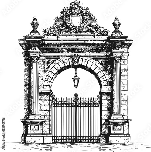 Ornate baroque style gate with decorative arch and intricate details, line art. Vector illustration in sketch style
