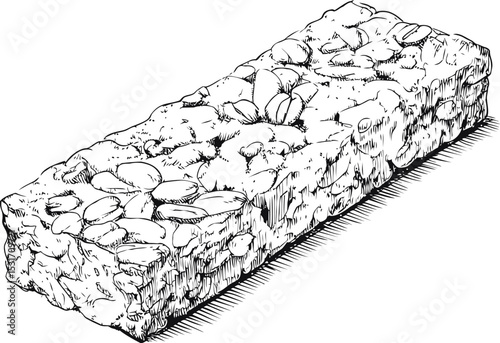 Detailed illustration of a granola bar with nuts in black and white sketch style. Vector illustration