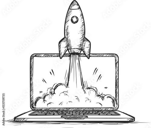 Rocket launching from laptop sketch concept, innovative start up idea. Vector illustration