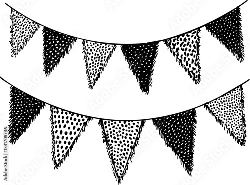 Black and white patterned bunting flags with various textures, in sketch style. Vector illustration