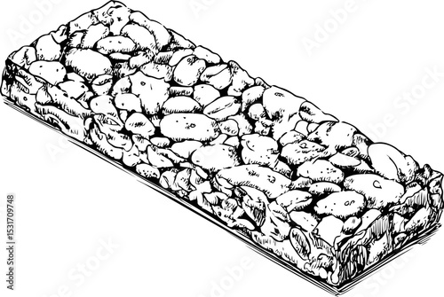 Illustration of a detailed granola bar with nuts and grains, hand-drawn style. Vector illustration