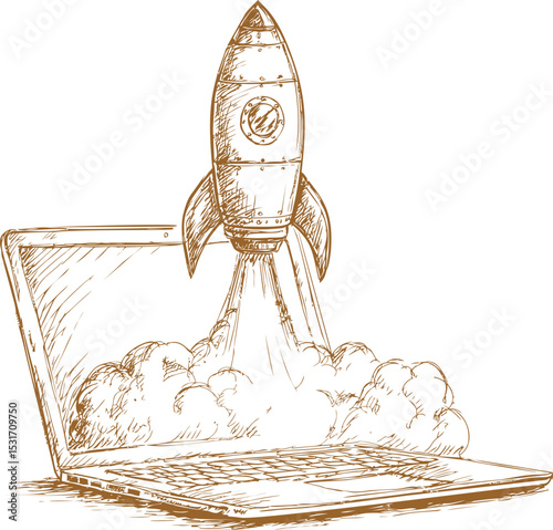 Sketch of rocket launching from open laptop symbolizing innovation concept. Vector illustration