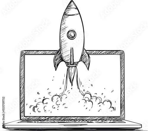 Rocket launching from a laptop screen in black and white sketch. Vector illustration