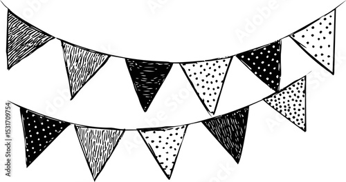 Black and white hand-drawn pennant bunting with various patterns. Vector illustration