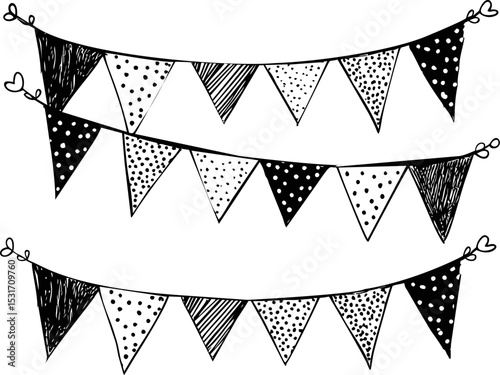 Hand-drawn black and white bunting banners in sketch style. Vector illustration