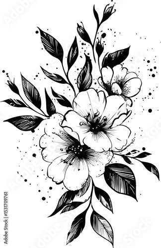 Black and white floral illustration with intricate botanical details. Vector illustration in sketch style