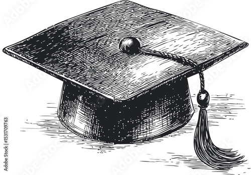 Black and white sketch of a graduation cap with tassel, educational concept. Vector illustration