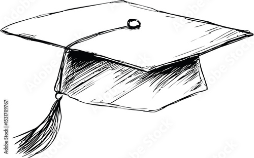 Sketch of a graduation cap with tassel in black and white style. Vector illustration