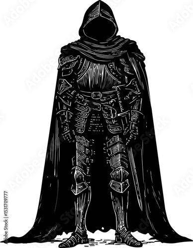 Mysterious hooded warrior in detailed medieval armor silhouette. Vector illustration in sketch style