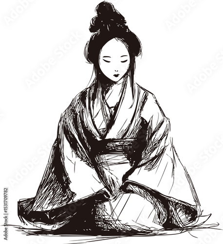 Ink illustration of a serene geisha in traditional kimono, cultural art expression. Vector illustration in sketch style