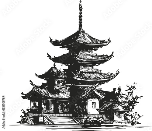 Japanese pagoda sketch in black and white ink art of historic temple. Vector illustration