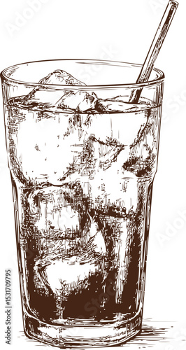 Illustration of iced drink in tall glass with straw and artistic etching style. Vector illustration
