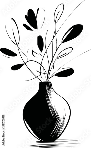 Stylized black and white vase with abstract leaves and simple line art design. Vector illustration
