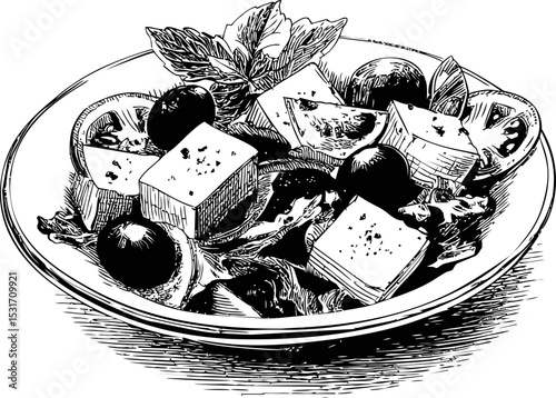 Greek salad illustration with feta, olives, and vegetables in black and white in sketch style. Vector illustration