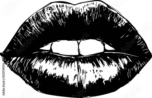 Close-up of black and white graphic lips biting teeth. Vector sketch illustration