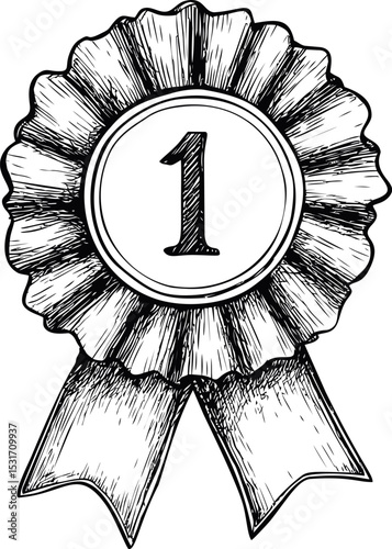 Sketch of number one award ribbon with detailed shading. Vector illustration