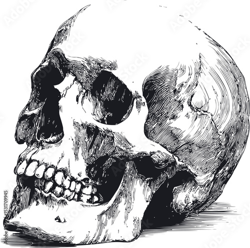 Intricate black and white human skull sketch with fine details, vintage style art. Vector illustration