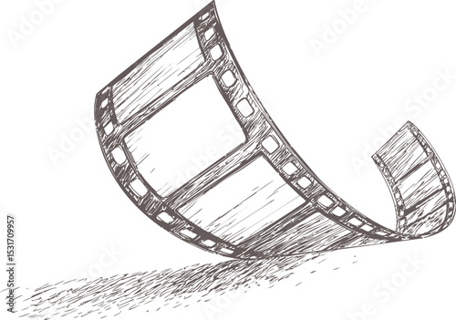 Curved black and white film strip sketch, symbol of cinema. Vector illustration