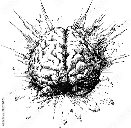 Exploding brain with sketch details and dynamic lines in black and white. Vector illustration