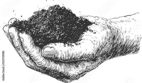 Detailed sketch of hands holding soil in a realistic black and white drawing. Vector illustration