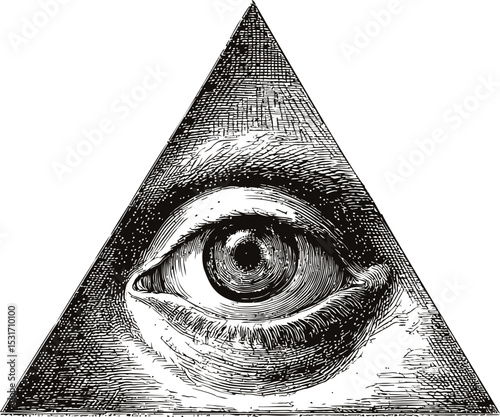 Illustration of all-seeing eye inside a triangle with detailed monochrome design. Vector illustration