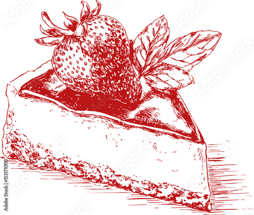 Red sketch of a cheesecake slice with strawberry and leaves decoration. Vector illustration