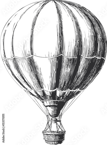 Vintage engraved illustration of a hot air balloon in detailed black lines. Vector illustration