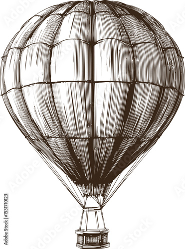 Vintage sketch of detailed hot air balloon with intricate lines and shading. Vector illustration