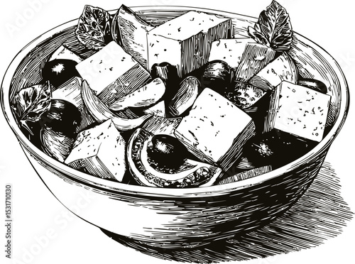 Hand-drawn greek salad with vegetables and feta cheese in a bowl in sketch style. Vector illustration