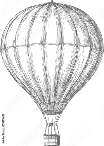 Vintage hand-drawn hot air balloon illustration in black and white sketch style. Vector illustration