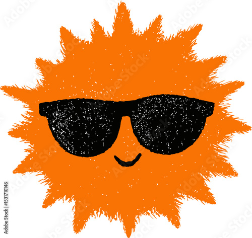 Smiling orange sun wearing black sunglasses, cartoon style. Vector illustration