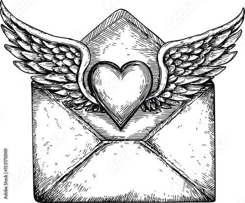 Ink drawing of an envelope with wings and a heart symbolizing love letter. Vector illustration