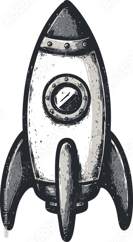 Vintage black and white illustration of a small space rocket design. Vector illustration in sketch style