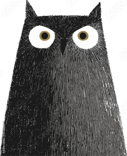 Stylized illustration of a black owl with big eyes. Vector illustration in sketch style