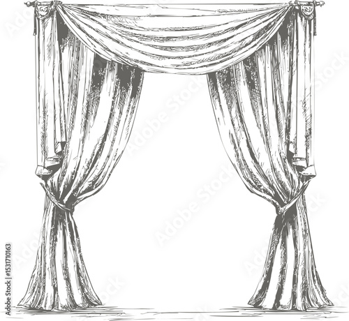 Elegant black and white vintage theater curtain sketch drawing. Vector illustration