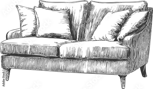 Detailed sketch of a classic sofa with pillows upholstered in textured fabric. Vector illustration
