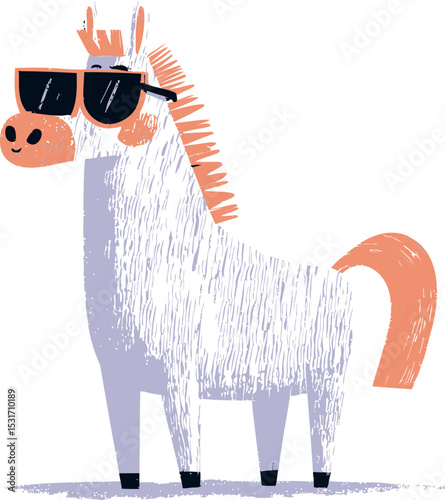 Cool cartoon horse with sunglasses and orange mane, in sketch style. Vector illustration