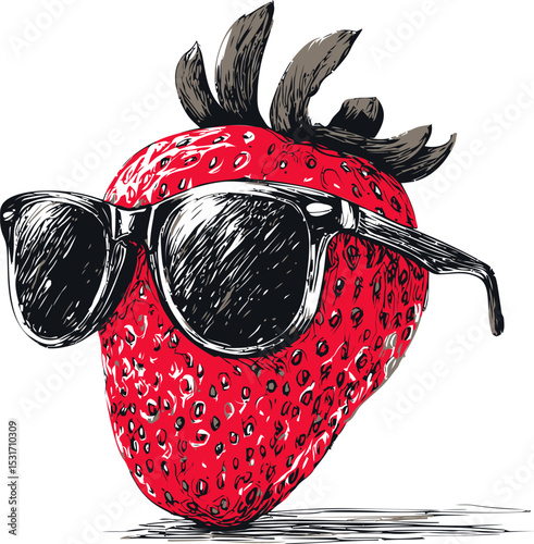 Strawberry wearing black sunglasses in a hand-drawn artistic style. Vector illustration